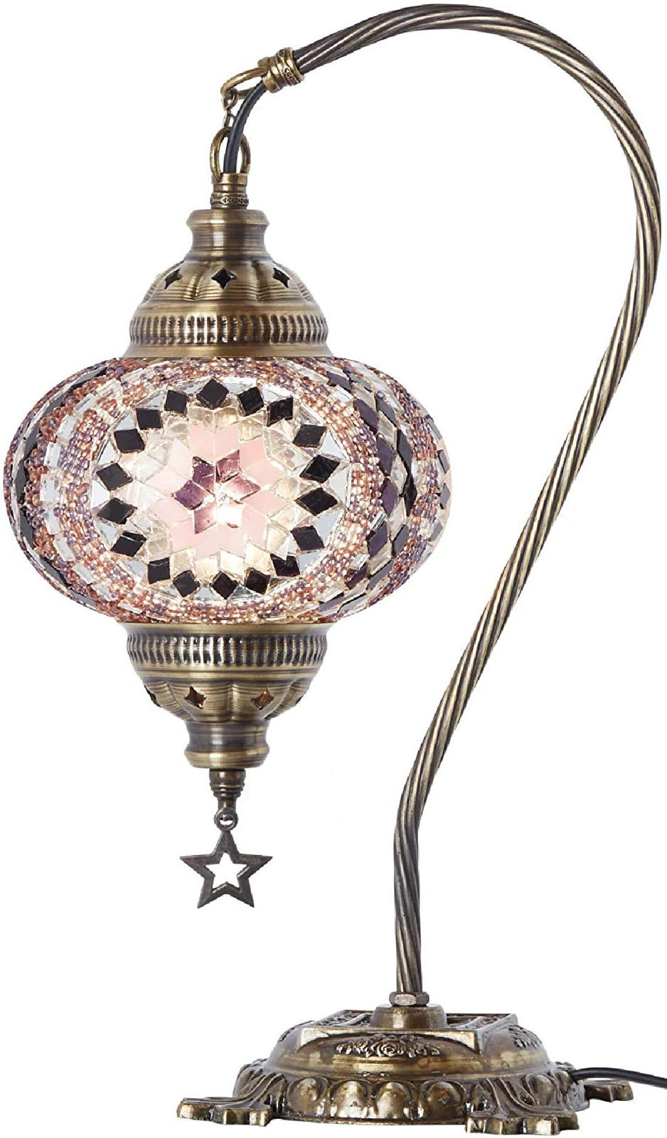 Turkish Moroccan Mosaic Table Lamp With US Plug & Socket, Swan Neck Handmade Desk Bedside Table Night Lamp Decorative Lamp Light, Antique